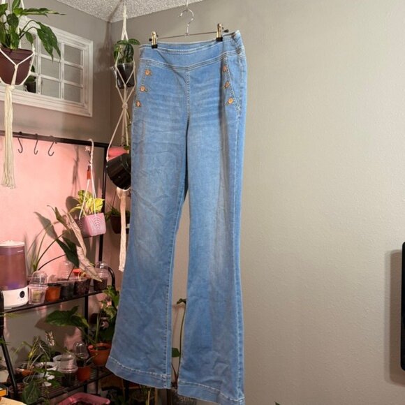 Women's Flare Leg Sailor Denim Jeans High Waist Button‎ Accent Wide Leg - Picture 10 of 10